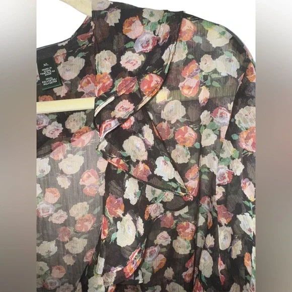 Lauren Ralph Lauren Sheer Floral Ruffle Blouse XL – Romantic Black Rose Print - Picture 4 of 9